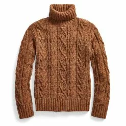 CABLE TURTLENECK PULLOVER KNIT Tan Donegal Multi